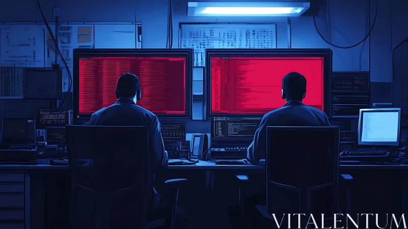 Two operators at dual red screens in blue-lit control room.