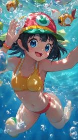 Smiling anime swimmer dives through bright underwater pool