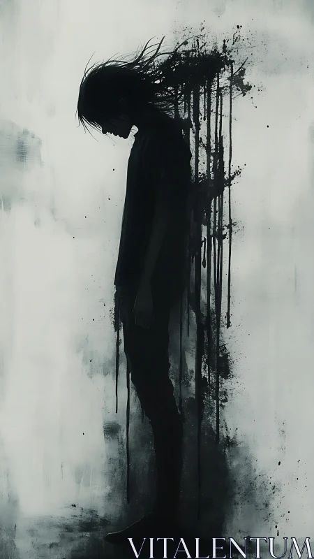 Shadowed silhouette unraveling into inky quiet storms.