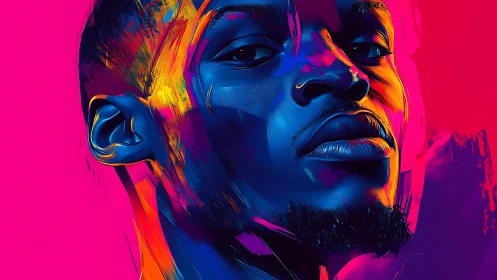 Neon-lit portrait blazing with electric blues and magenta heat.