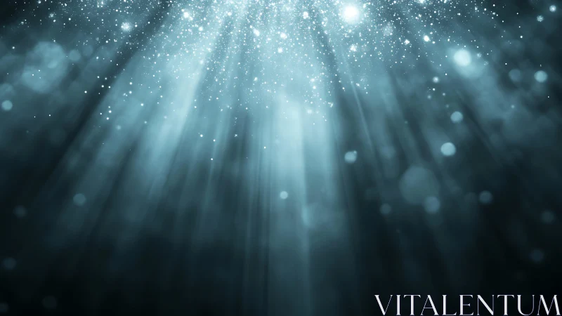 Ethereal Rays of Light and Floating Particles in Abstract Blue Scene.