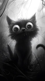 Wide-eyed gothic kitten in misty monochrome forest scene.