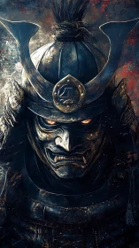 Brooding demon samurai helm under embers and shadow.
