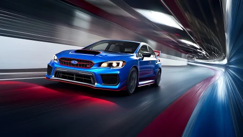 Subaru WRX STI surges through neon-lit tunnel racetrack.