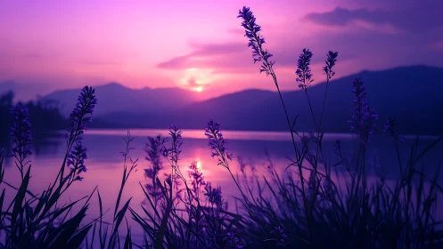 Lavender silhouettes whisper secrets to a neon-tinted sunset