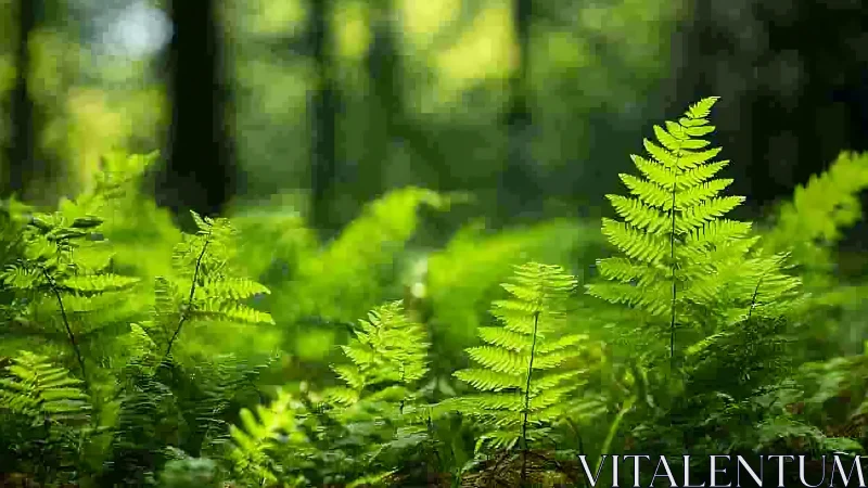 Lush Ferns in Sunlit Forest, Nature Photography Style.