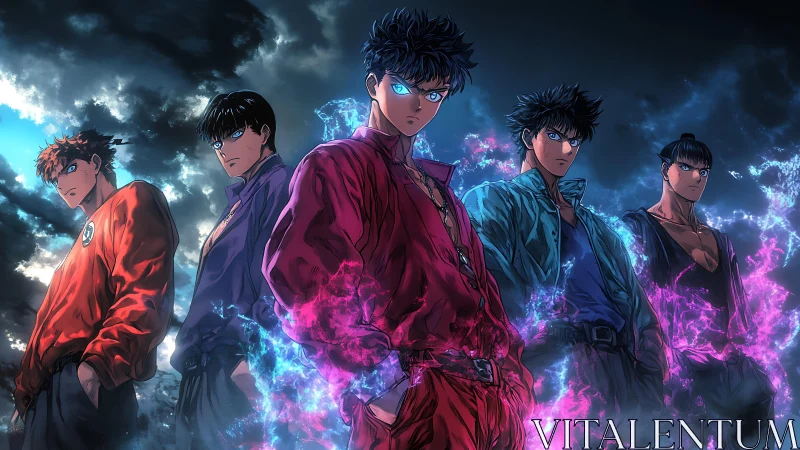 Five anime fighters with glowing blue and magenta energy auras