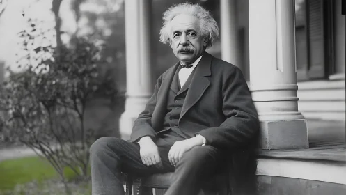 Older man with wild hair seated on porch in formal suit