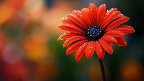 Red daisy macro with dewdrops against soft bokeh background.
