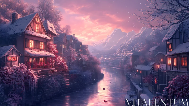 Snowy riverside village glows under a pink winter sunset.