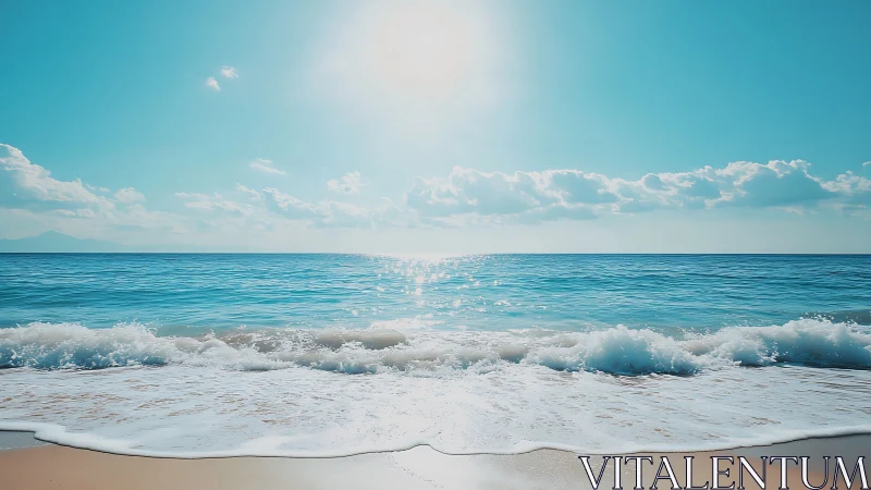 Sunlit turquoise sea with gentle waves on sandy shore.