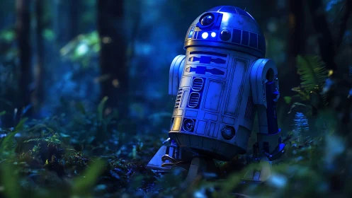 Lost forest droid hums softly under cinematic moonlit glow