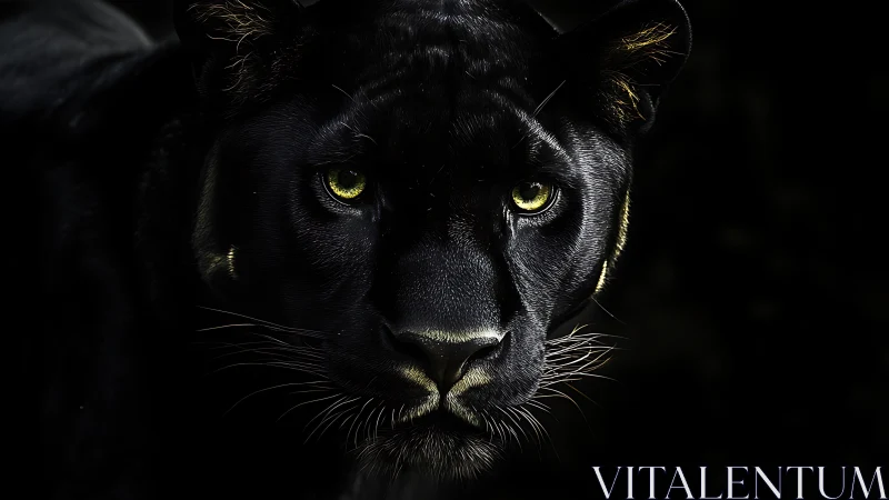 Black Panther Frontal Portrait with Luminous Amber Eyes Against Dark Background