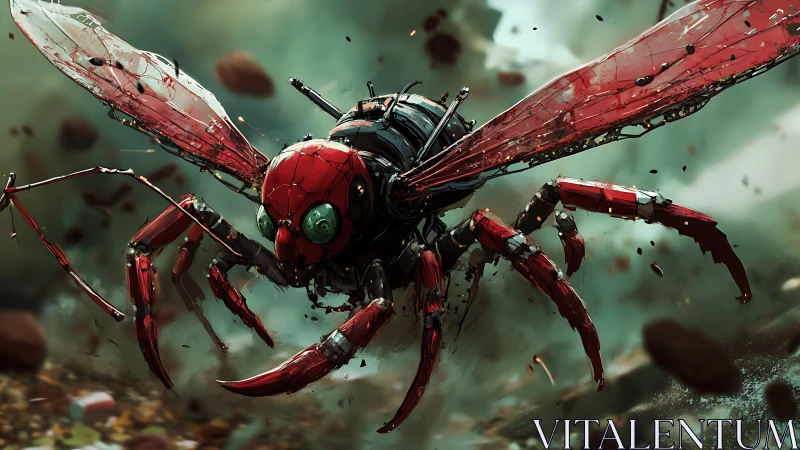 Cybernetic red wasp drone rendered in dynamic combat flight.