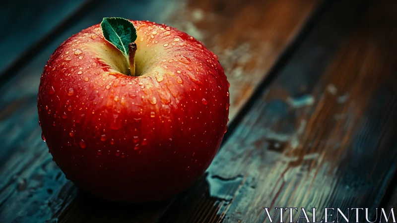 Red apple with water droplets sits on wet wooden surface