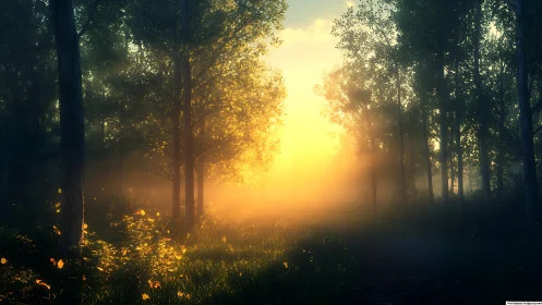 Forest sunrise pours golden light through dense trees