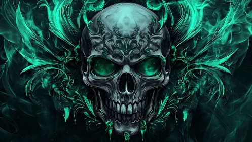 Glowing emerald skull radiates dark ethereal energy shards.