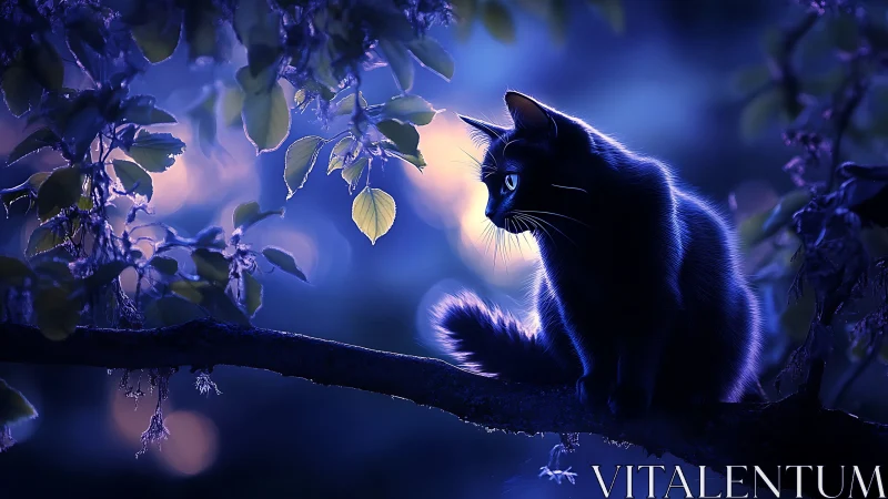 Black Cat Contemplating Leaves at Twilight.