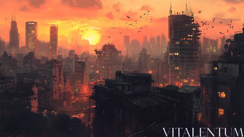 Smoggy cyberpunk city sunset over dense highrises.