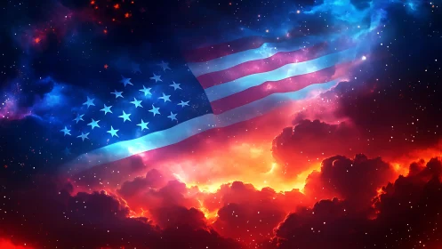 American flag drifts across a vivid cosmic nebula sky.