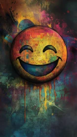Smiling emoji on textured abstract graffiti background.
