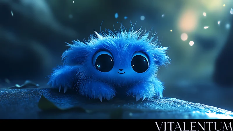 Moonlit blue fluff sprite waits on a glowing forest stone.