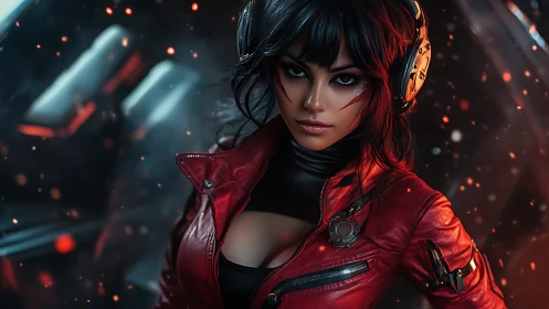 Cyberpunk DJ in red jacket stands in neon embers night.