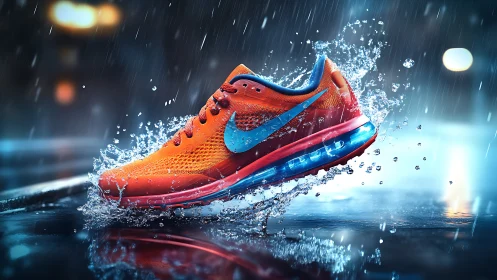 Neon-orange runner slices stormy puddles in electric motion