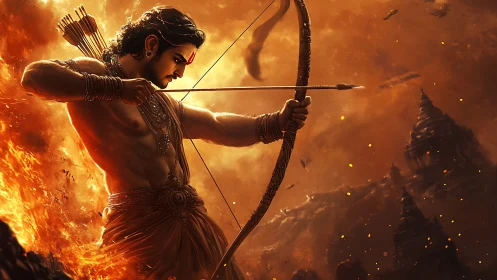 Warrior archer aiming amid fire and ruins at dusk.