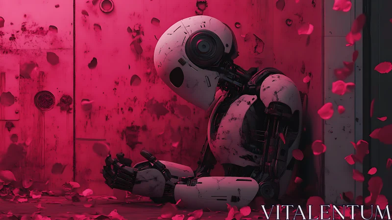 Humanoid robot sits against wall amid suspended petals