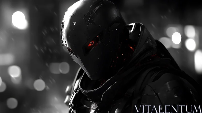 Cybernetic enforcer portrait under neon bokeh in chiaroscuro