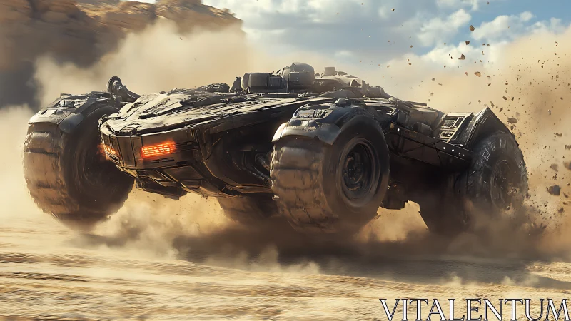 Futuristic desert rover kicking up sand in a bold charge.