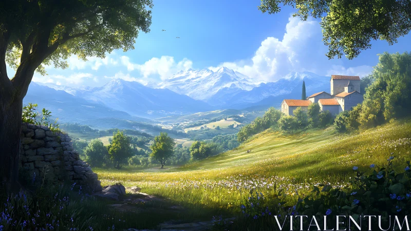 Sunlit valley and distant snow peaks frame a hilltop village.