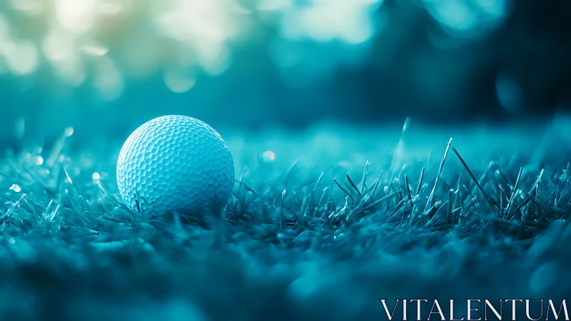 Turquoise golf ball resting in dewy grass with soft bokeh glow.