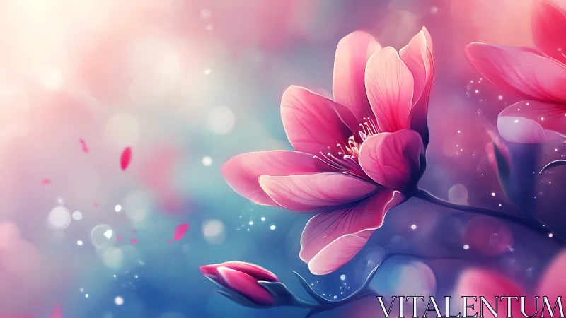 Ethereal Pink Magnolia in Luminescent Bokeh Environment. Digital Rendering.