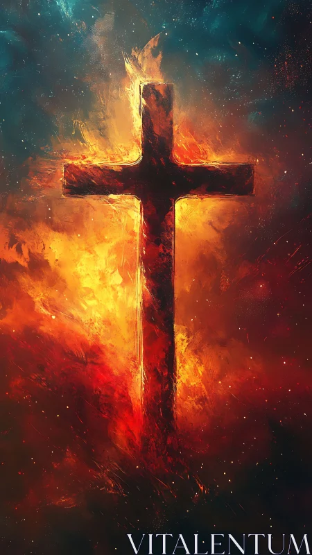 Burning cross silhouette against intense fiery backdrop.