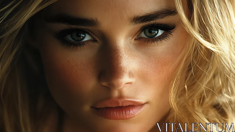 Close portrait of woman with freckled skin and blond hair.