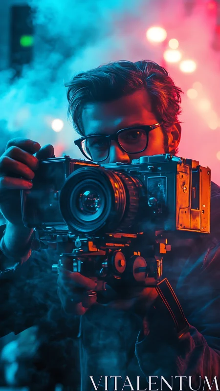 Cinematic portrait with vintage camera and neon haze.