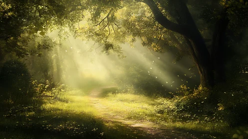 Sunlit forest path where whispered stories follow light.