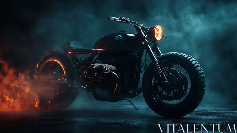 Custom cafe racer motorcycle lit by dramatic volumetric fire and fog