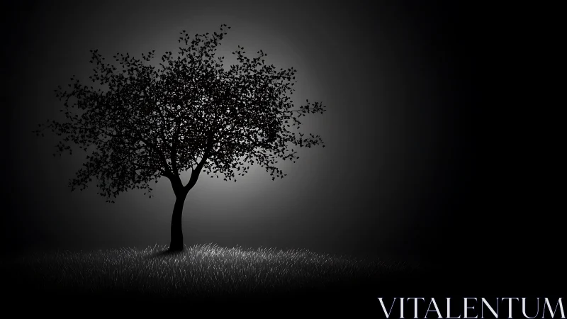 Solitary silhouetted tree in radial monochrome backlight.
