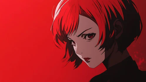 Red-haired anime woman stares intensely against flat red background