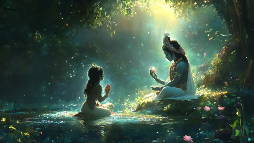 Forest river hushes as two luminous figures trade a flower