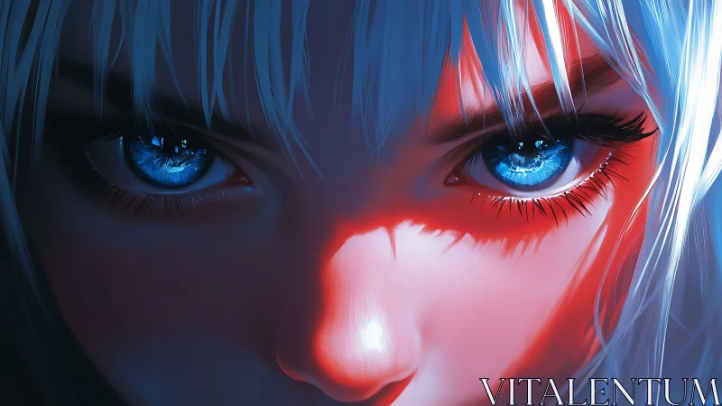 Electric blue gaze in vivid neon light, quietly intense.