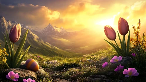 Tulips and Easter egg sit on a sunlit alpine hillside