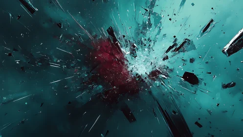 Shattered glass fragments radiate outward across teal space