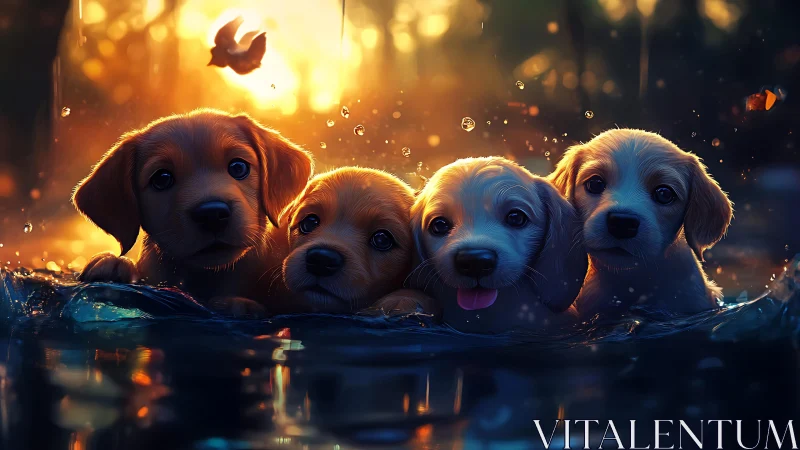Golden hour puppy quartet in shallow water with bokeh glow.