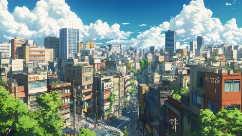 Sunlit Tokyo district rendered in crisp cel-shaded detail.