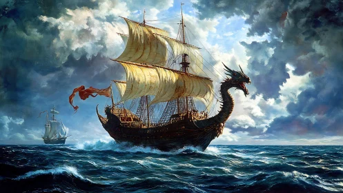 Dragon-prowed galleon under dynamic storm lighting crosses choppy sea