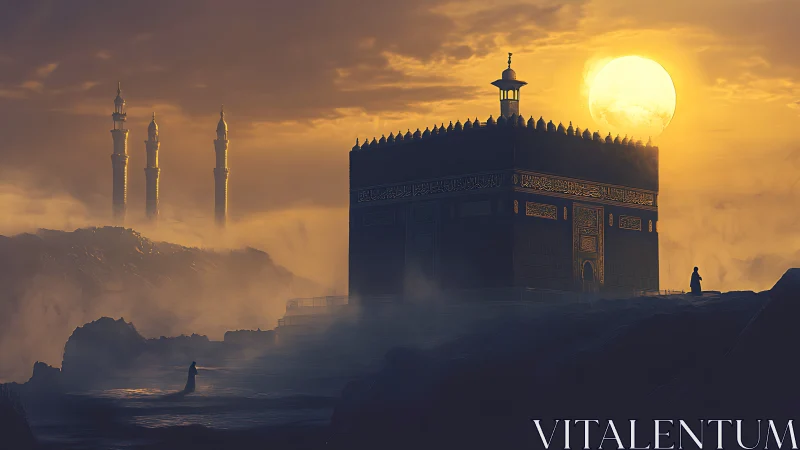 Mystic cube temple at sunset amid mist and towering minarets.